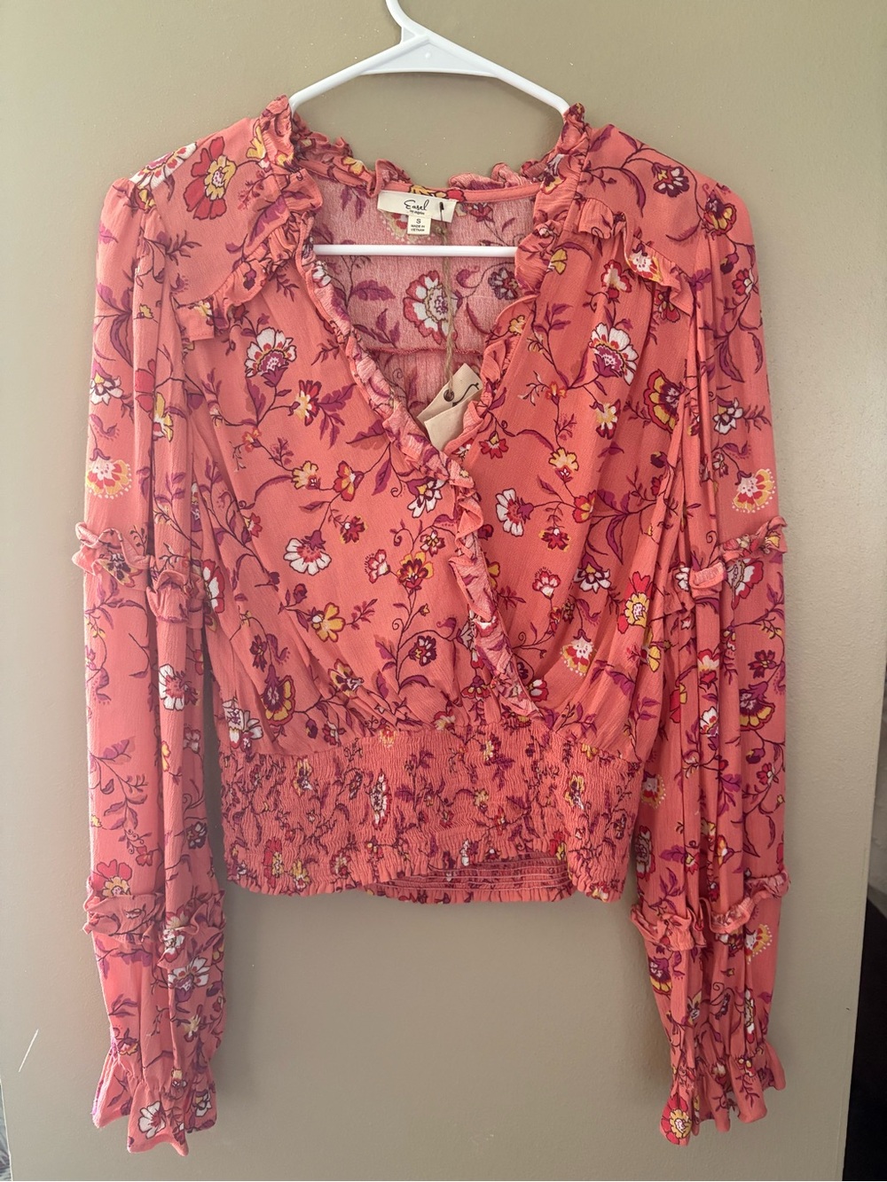 Easel Coral Floral Ruffle Wrap Blouse